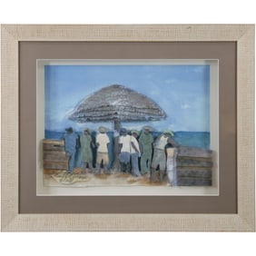Michael Kerman "Figures Under Hut Umbrella", 3D Mixed Media & Watercolor Artwork, Framed