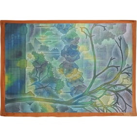 Signed R Suradal 1970, Bali, Large Watercolor Painting Garden Flowers in Park Setting 36 x 26