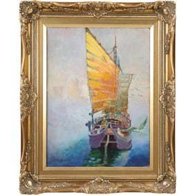 Signed Ruth Bunsall 1952, Watercolor Painting, Sailboat "Junk in the Mist", Framed