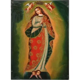 CUZCO SCHOOL STYLE PAINTING MADONNA with ANGELS 20th C. Oil on Canvas Painting