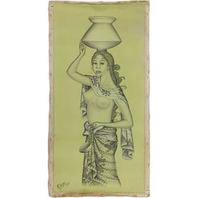 K Sudana, Bali, Unstretched Oil on Canvas Princess Woman Holding a Vessel on Head 29.5 in. x 14 in.