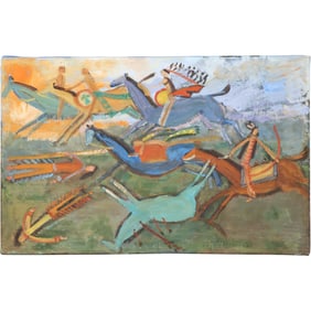 20th C. Native American Indian Battle Scene Oil on Canvas Painting, Unsigned, 13 in. x 20.5 in.