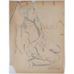 Elaine De Kooning [1918-1989] Ink on Paper Portrait Kneeling Man, Possibly Andy Warhol