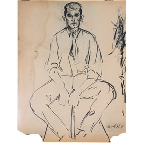Elaine De Kooning [1918-1989] Ink on Paper Portrait Seated Man, Signed Lower Right, 1964