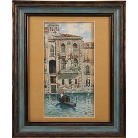 Thomas Moran [American 1837-1927] Watercolor Painting, 1879 Venice Palazzo, Canal, Gondola
