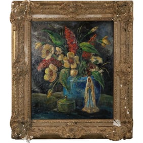 DAVID BURLIUK [Ukrainian 1882-1967], Oil on Canvas Painting Still Life Flowers and a Statue