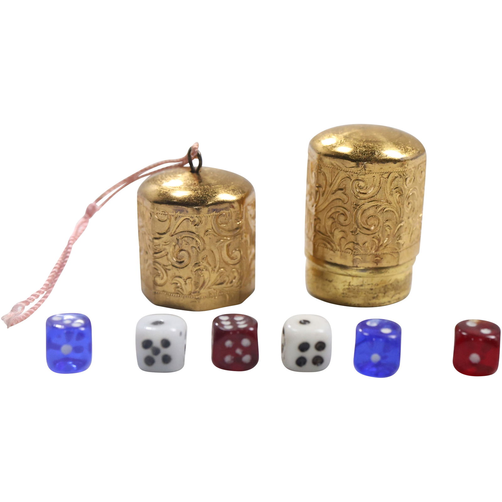 Gold Tone Metal Victorian Capsule containing Miniature Dice: Gold Tone Metal Victorian Capsule containing Miniature Dice, size: capsule 1 5/8 in. x 3/4 in.