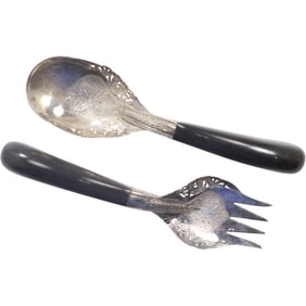 Tibetan Sterling Silver Ornate Design Salad Toss Spoon and Fork with Teak Handles