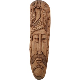 Large Carved Wooden Mask 36 in. length x 9.5 in. wide, Man with Mustache and Fish Catch