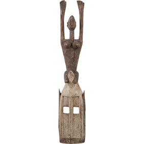 Unique Carved African Wood Mask with Carved Dogon Figure with Hands Raised atop Mask