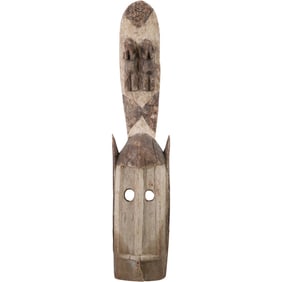 Unique Carved African Wood Mask with 2 Carved Figures atop Mask 29 in. height x 6 in. wide