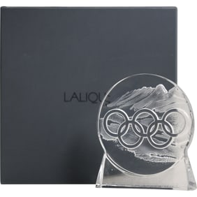 Signed LALIQUE FRANCE 1992 Albertville Crystal Olympic Rings Paperweight Limited Edition (1366/4000)