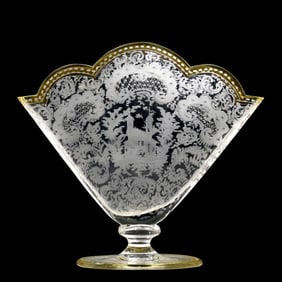 Stunning Etched Victorian Crystal Glass Fan Vase, Yellow Rim, Castle Scene, Running Deer