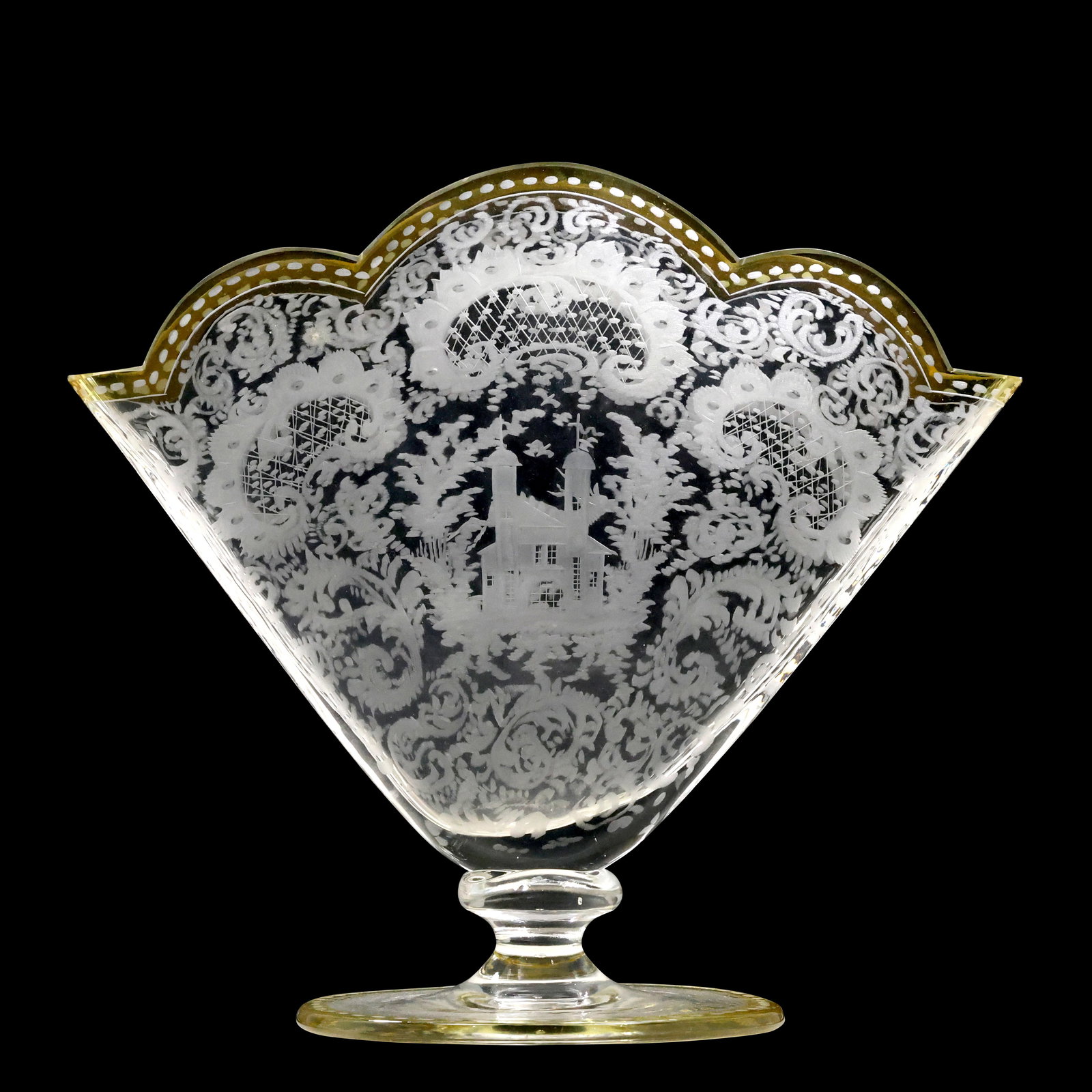 Stunning Etched Victorian Crystal Glass Fan Vase, Yellow Rim, Castle Scene, Running Deer (1 of 16)