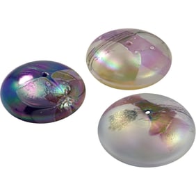 3 Assorted Signed Glasshouse Iridescent Art Glass Oil Lamp Paperweights 6 in. diameter