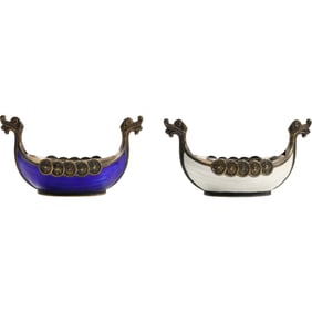 2 Vintage Norwegian .925 Sterling Silver Enameled Viking Ship Salt Celllars