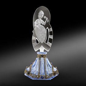 Czech Jeweled Perfume Bottle Blue with Etched Woman Holding Flower Stopper 7.75 in. height