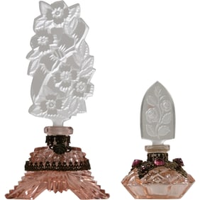 [2] 1930s Czechoslovakian Pink Crystal Glass Art Deco Perfume Bottles with Stoppers