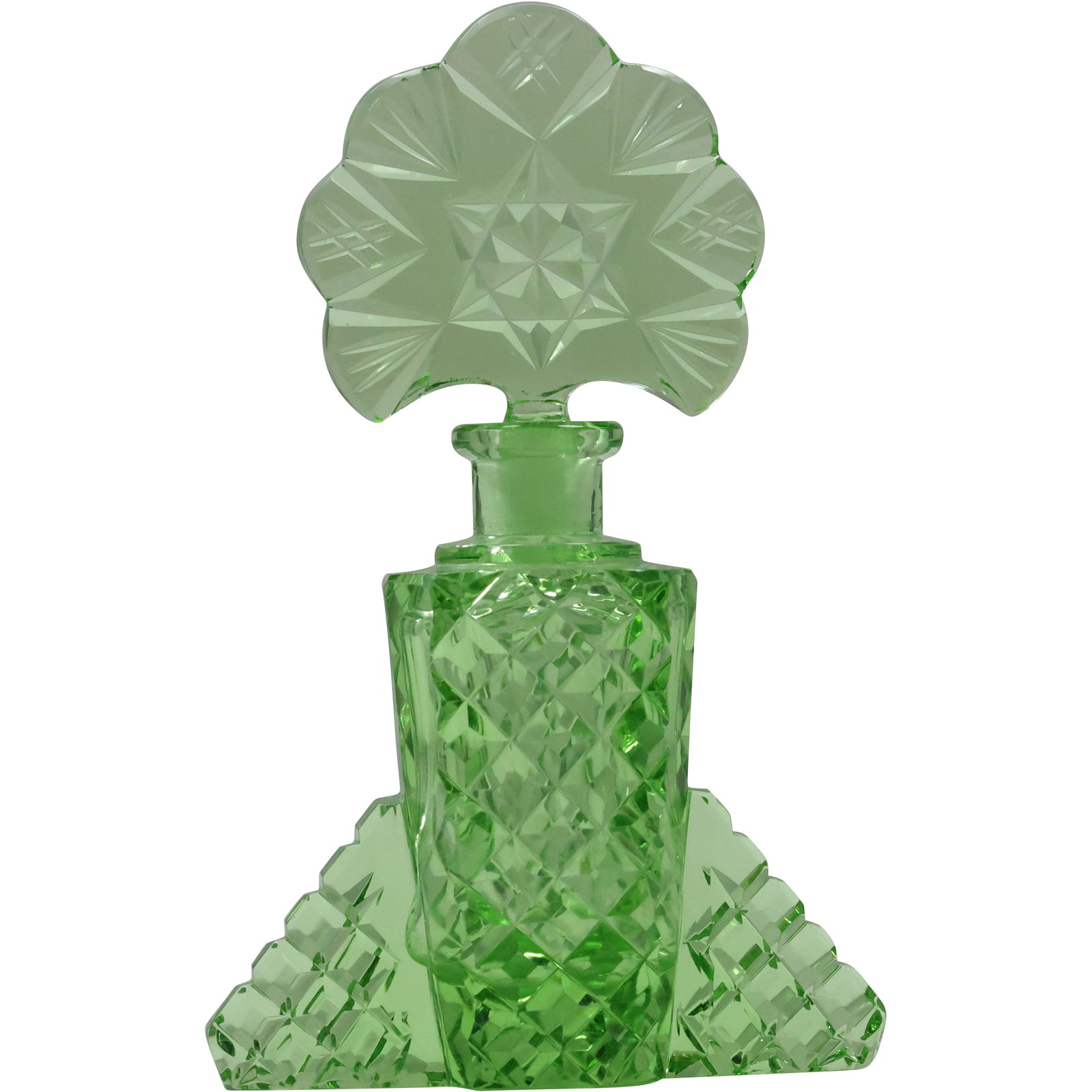Art Deco Green Glass Perfume Bottle, marked Czechoslovakia on base, Original Stopper (1 of 12)