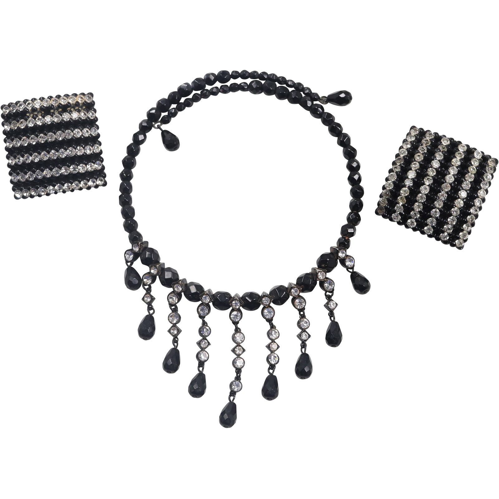Stunning 3-Piece Rhinestone and Bakelite Choker and Clip-on Earrings: Stunning 3-Piece Rhinestone and Bakelite Choker 5 in. x 6 1/4 in. and Clip-on Earrings 1 1/2 in. x 1 1/2 in.