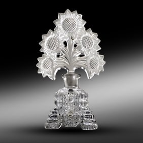 Art Deco Irice Imperial Glass Perfume Bottle Decanter with Sunflower Topper 8 in. height