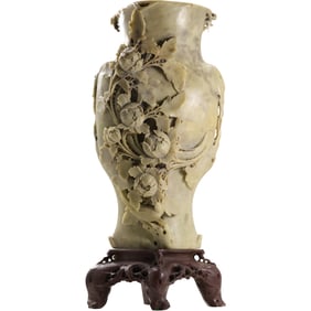 Tall Fine Quality Soapstone Vase with Intricately Carved Flowers 17 in. height x 7.5 in. wide
