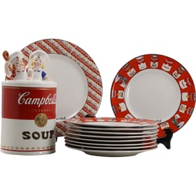 ANDY WARHOL, Block Art Campbell's Soup 9 Dinner Plates, Platter, Covered Jar