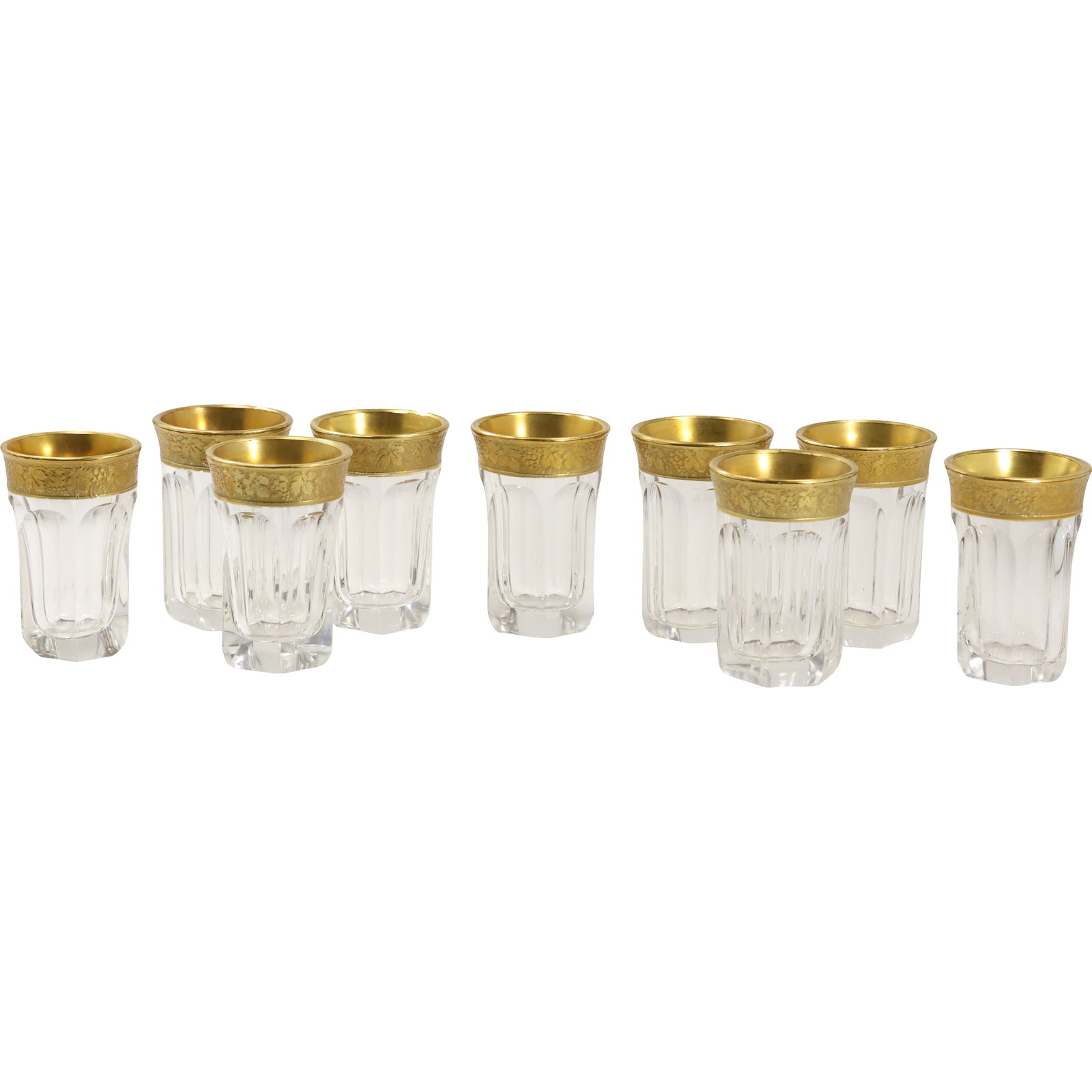 Set of 9 Gold Rimmed Elegant Glass Tumblers: Set of 9 Gold Rimmed Elegant Glass Tumblers. size: 3.5 h 2.5