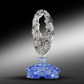 Circa 1930 Art Deco Perfume Bottle, Blue Glass Base with Fancy Crystal Glass Stopper 9 in. height