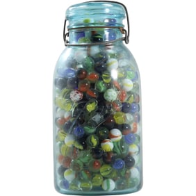 Blue Mason Jar Full of Assorted Colored Marbles 10 in. height x 4.5 in. wide