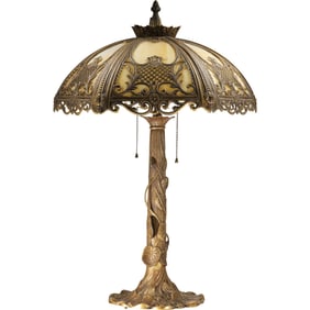 6-Panel Slag Glass Table Lamp with Lilypad Stem, Art Nouveau Style, 26.5 in. height x 16 in. wide