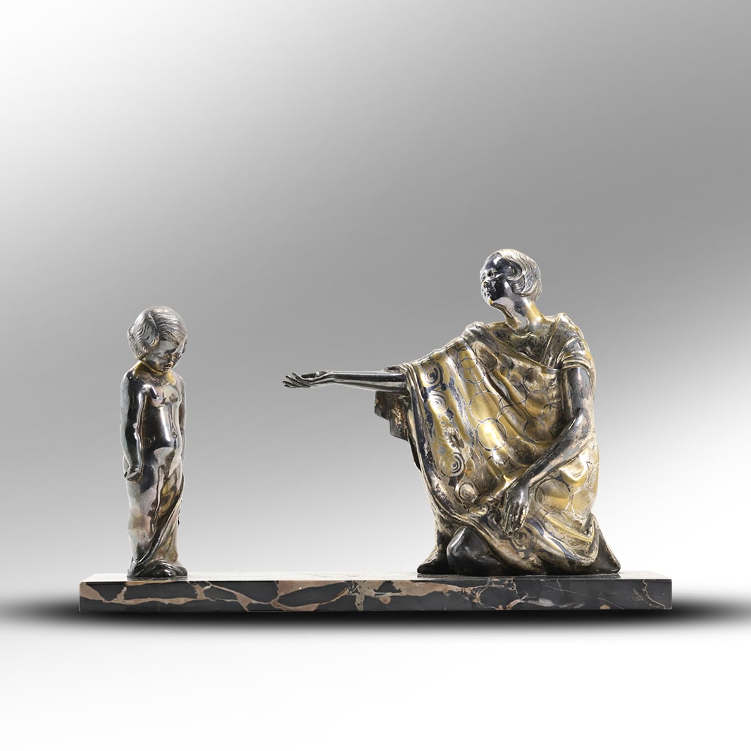 Signed Gustave Papineau, Quality Art Deco Bronze Woman and Young Girl, Mounted on Marble Base: Signed Gustave Papineau, Quality Art Deco Bronze Woman and Young Girl, Mounted on Marble Base. Original Patina. size: 9.5 h , 15 x 3.5 w S:A