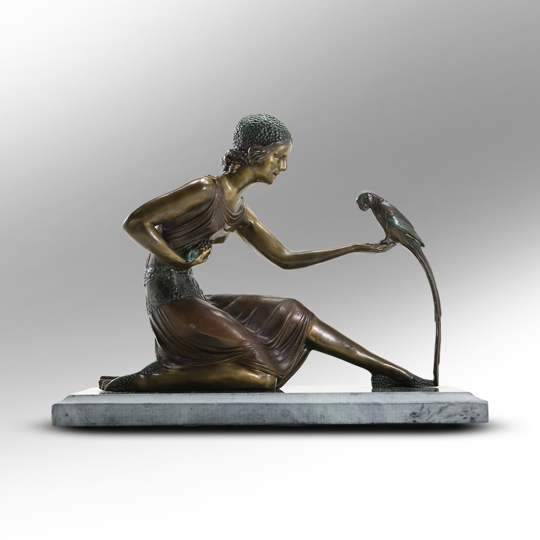 Dimitri Chiparus Bronze Marble Statue " Art Deco Woman With Parrot", inscribed Chiparus: Dimitri Chiparus Bronze Marble Statue " Art Deco Woman With Parrot", inscribed Chiparus, Mounted on a Marble Base. size: 13 h 17.5 x 9.5 w S:A ; ASKart: Demetre Haralamb Chiparus (also known as Dumitr