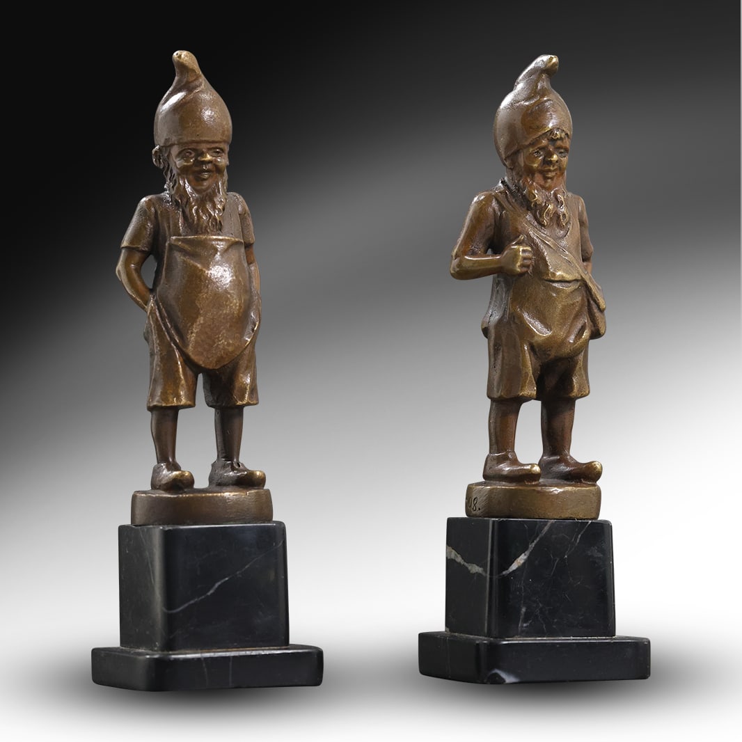 Signed Herlinger, 2 Bronze Sculptures of Gnomes Mounted on Marble Bases 5.25 in. height (1 of 20)