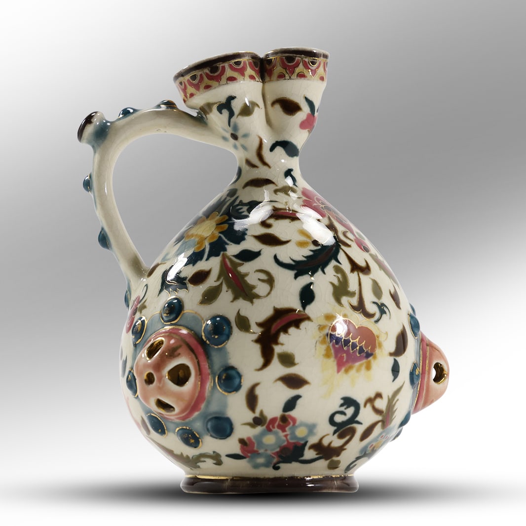 Zsolnay "Iznik" style pitcher, Hungary, ca. 1880s, in the form of a Turkish vessel 6.5 in. height (1 of 20)