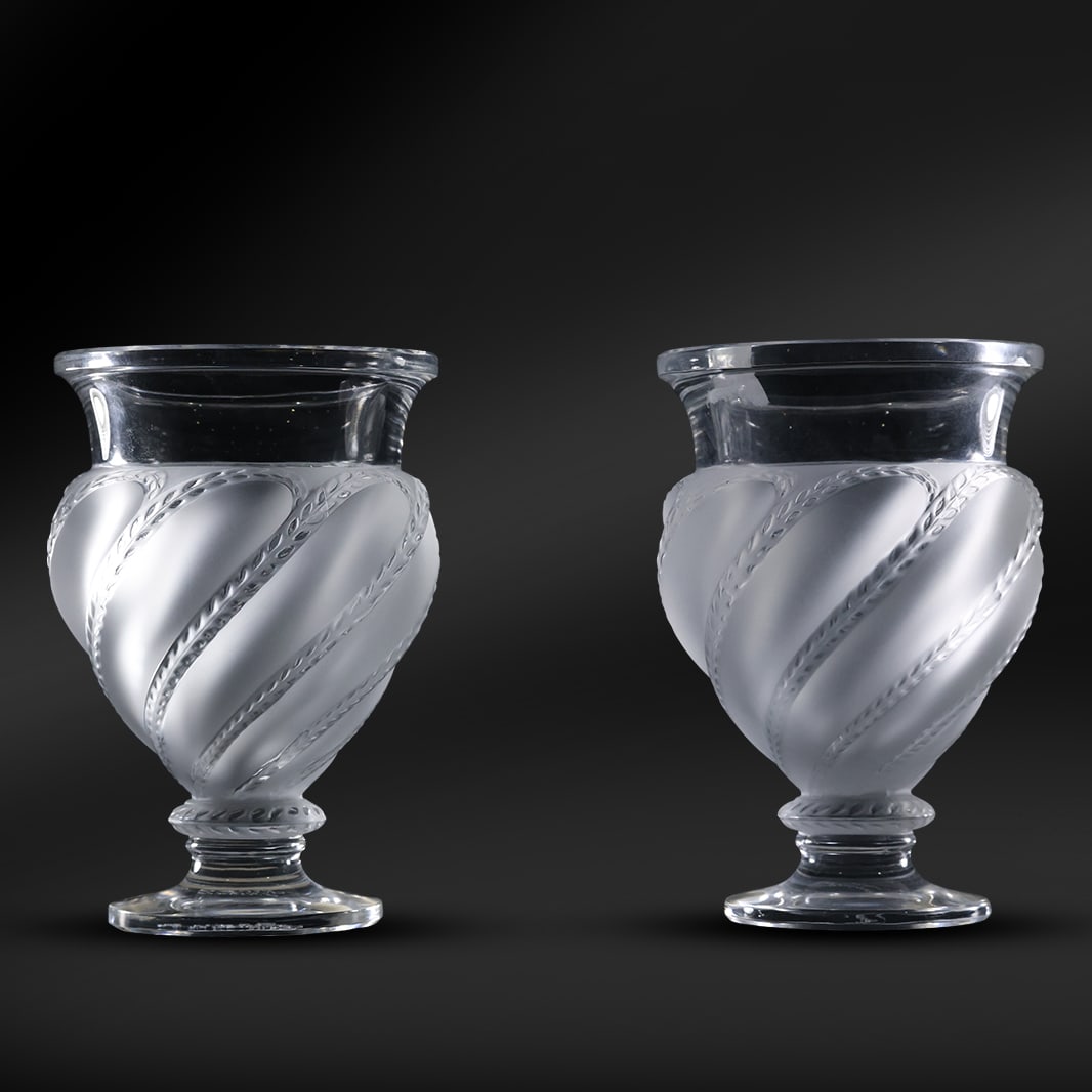 Pair Signed LALIQUE FRANCE ‘Ermenonville' Crystal and Satin Glass Footed Vase 6 in. height: Pair Signed LALIQUE FRANCE ‘Ermenonville' Crystal and Satin Glass Footed Vase 6 in. height. size: 6h x 4w