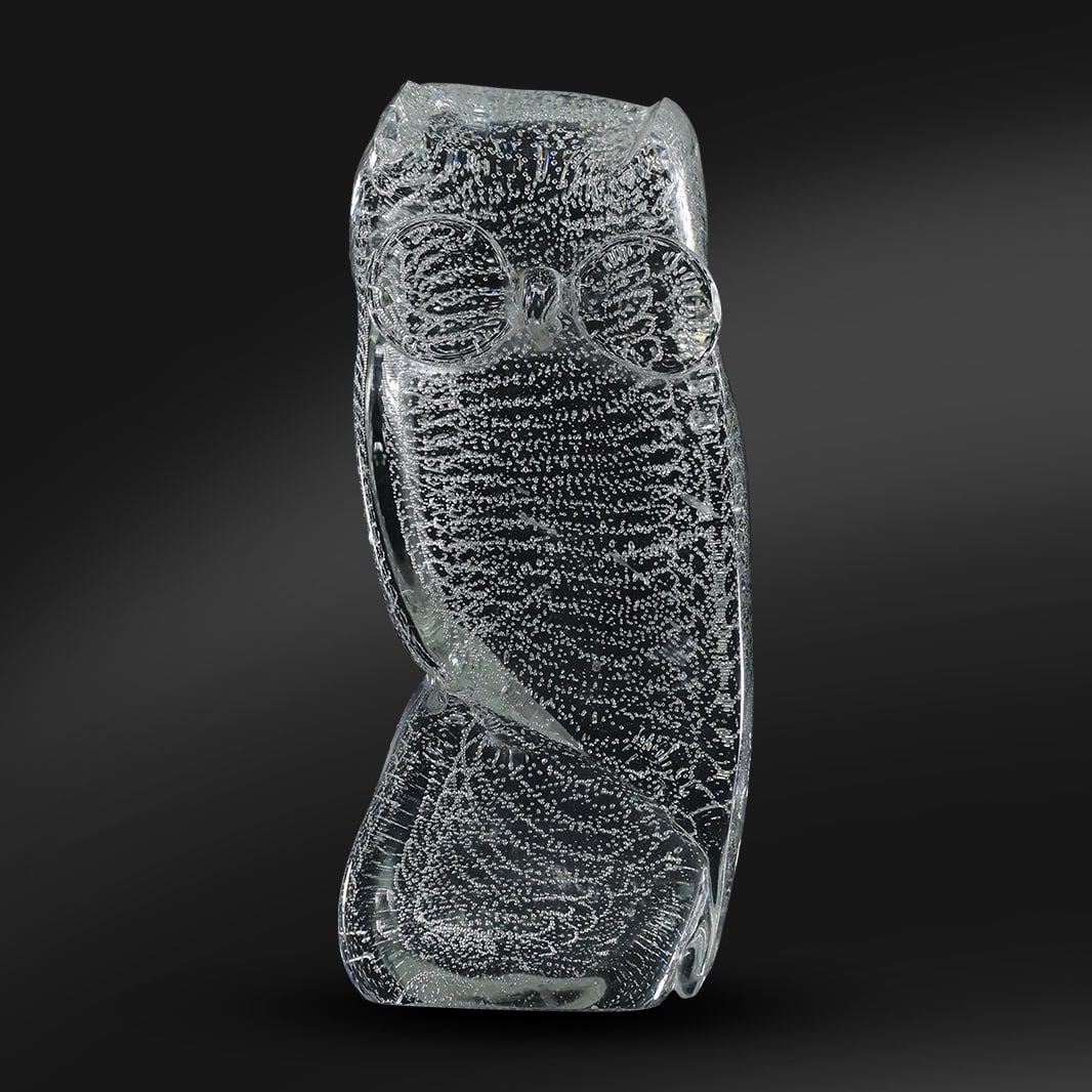 Signed Licio Zanetti Murano Crystal Glass Owl Sculpture with Controlled Bubbles 10.5 in. height (1 of 19)