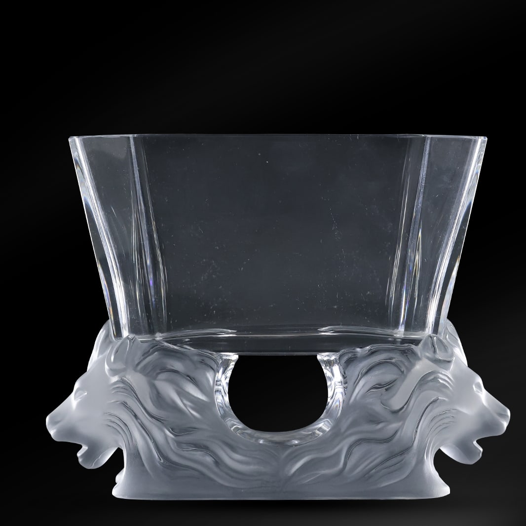 Signed LALIQUE FRANCE Venise Crystal Clear & Frosted Glass Double Lion Head Vase / Bowl (1 of 14)