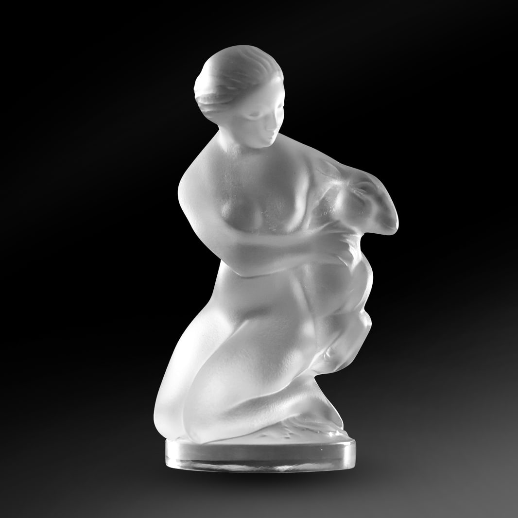 Signed LALIQUE FRANCE Crystal and Satin Glass Kneeling Nude Female Diane Holding Baby Deer: Signed LALIQUE FRANCE Crystal and Satin Glass Kneeling Nude Female Diane Holding Baby Deer. size: 4.5 in. h 2.5 in. w