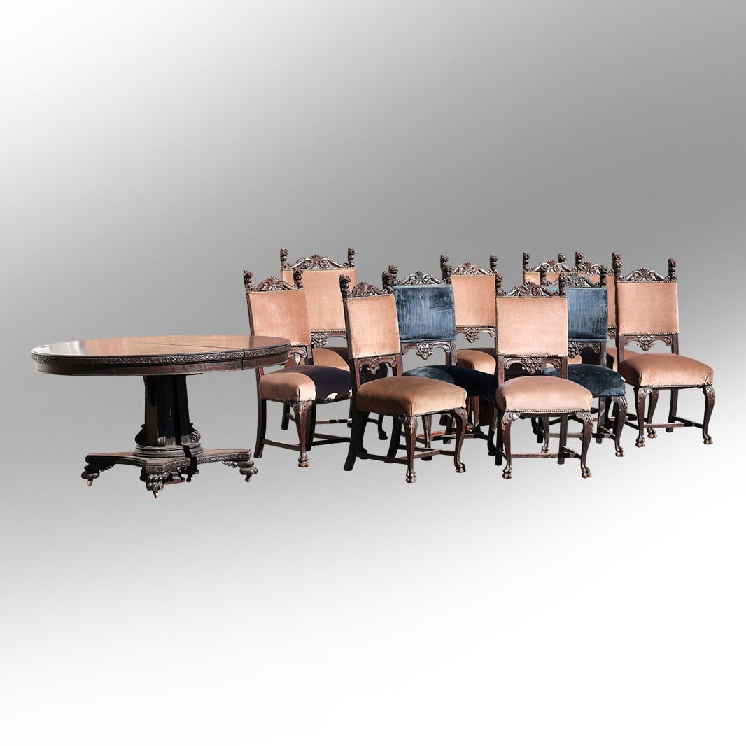 Victorian Circa 1900 Carved Oak Dining Room Set Clawfoot Round Table 2 Leaves & 9 Lion Head Chairs (1 of 20)