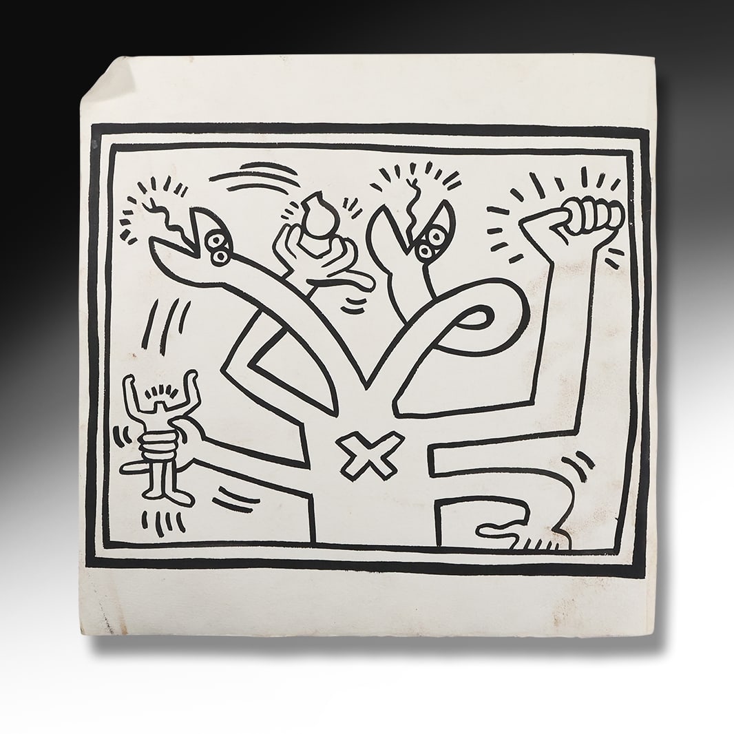 Keith Haring, Paint on Paper, Black & White, unsigned, "Snakes Head Figure" 15.75 in. x 15.75 in. (1 of 18)
