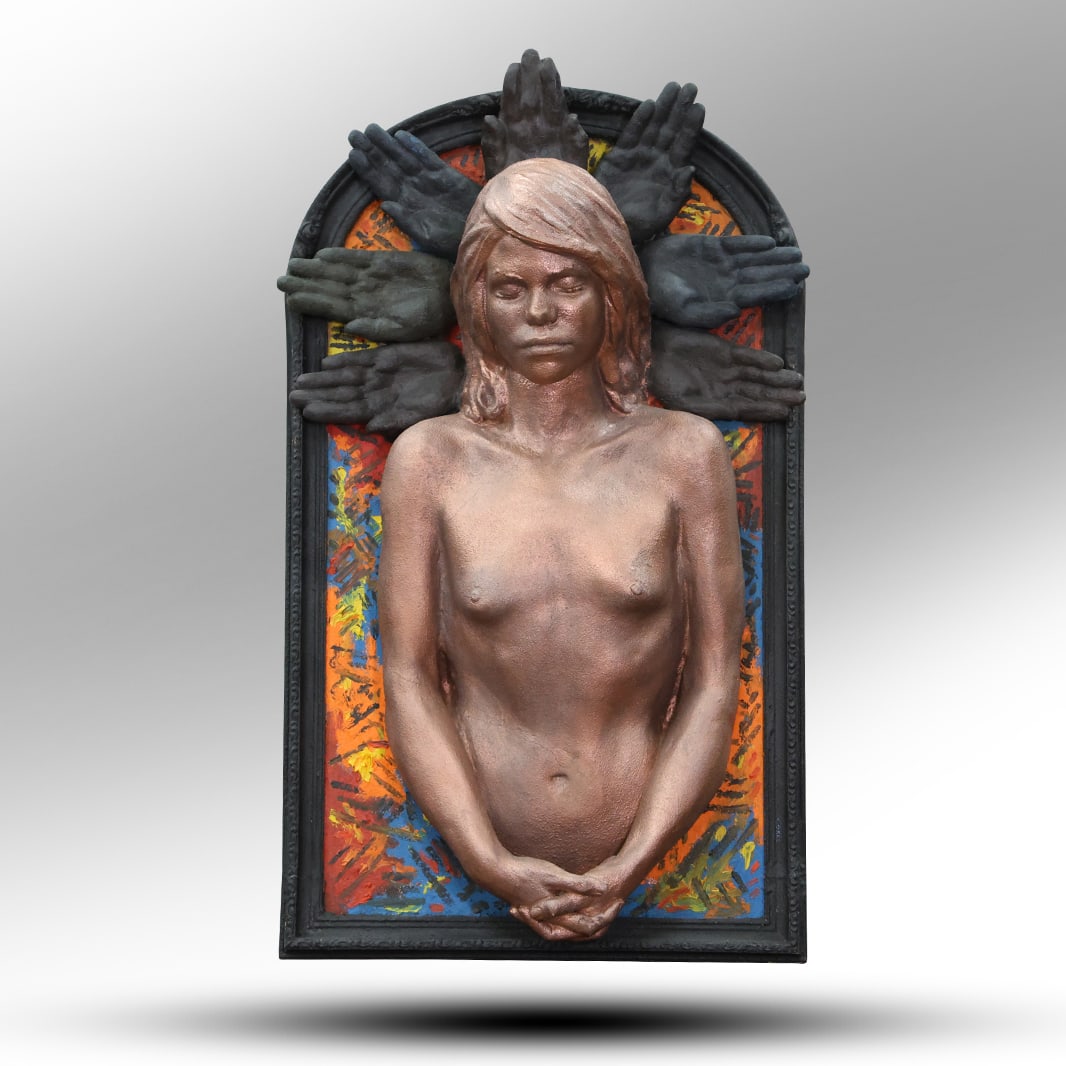 Wall Sculpture "Jillian" Versace Runway Model, Artist Signed on Verso: Wall Sculpture "Jillian" Versace Runway Model, Artist Signed on Verso. molded fiberglass, painted. size: 41 inches height x 24 inches wide ; Google: Jillian Vera is credited as the model for the bronz