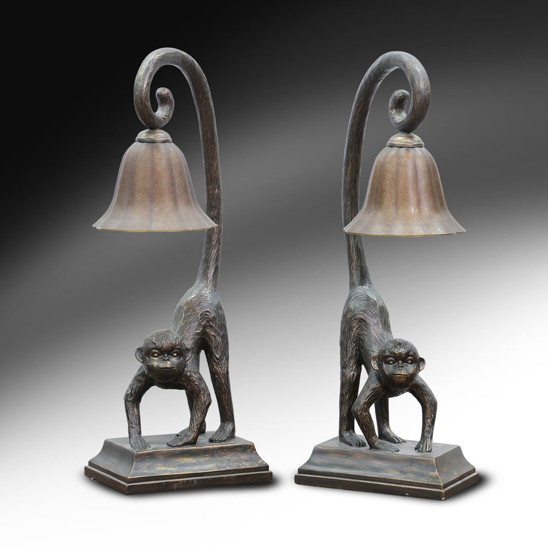 Pair MONKEY Figural Accent Lamps with Glass Shades (1 of 11)