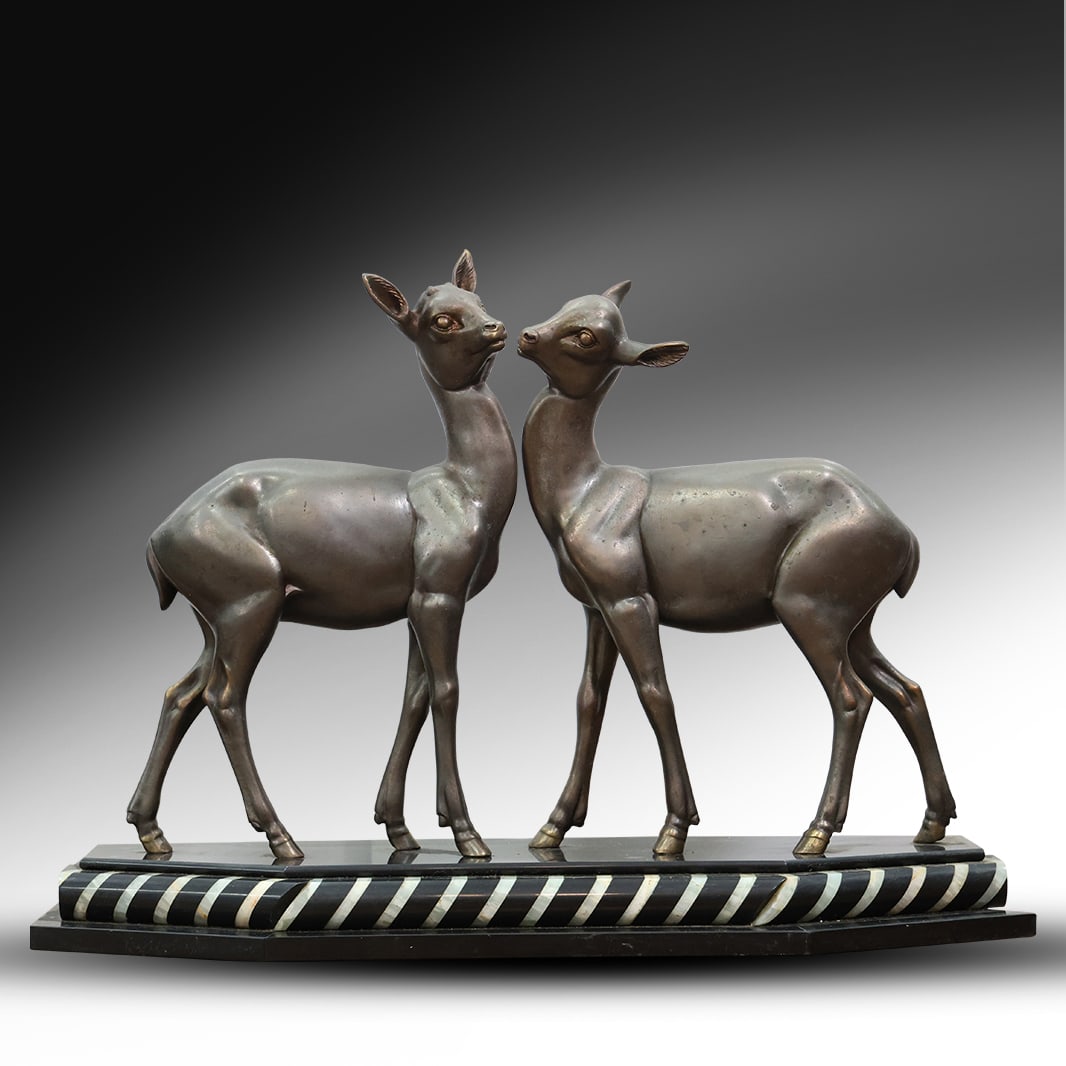 Irénée Rochard (1906-1984) French Art Deco Bronze Two Deer Sculpture on Marble Base (1 of 10)