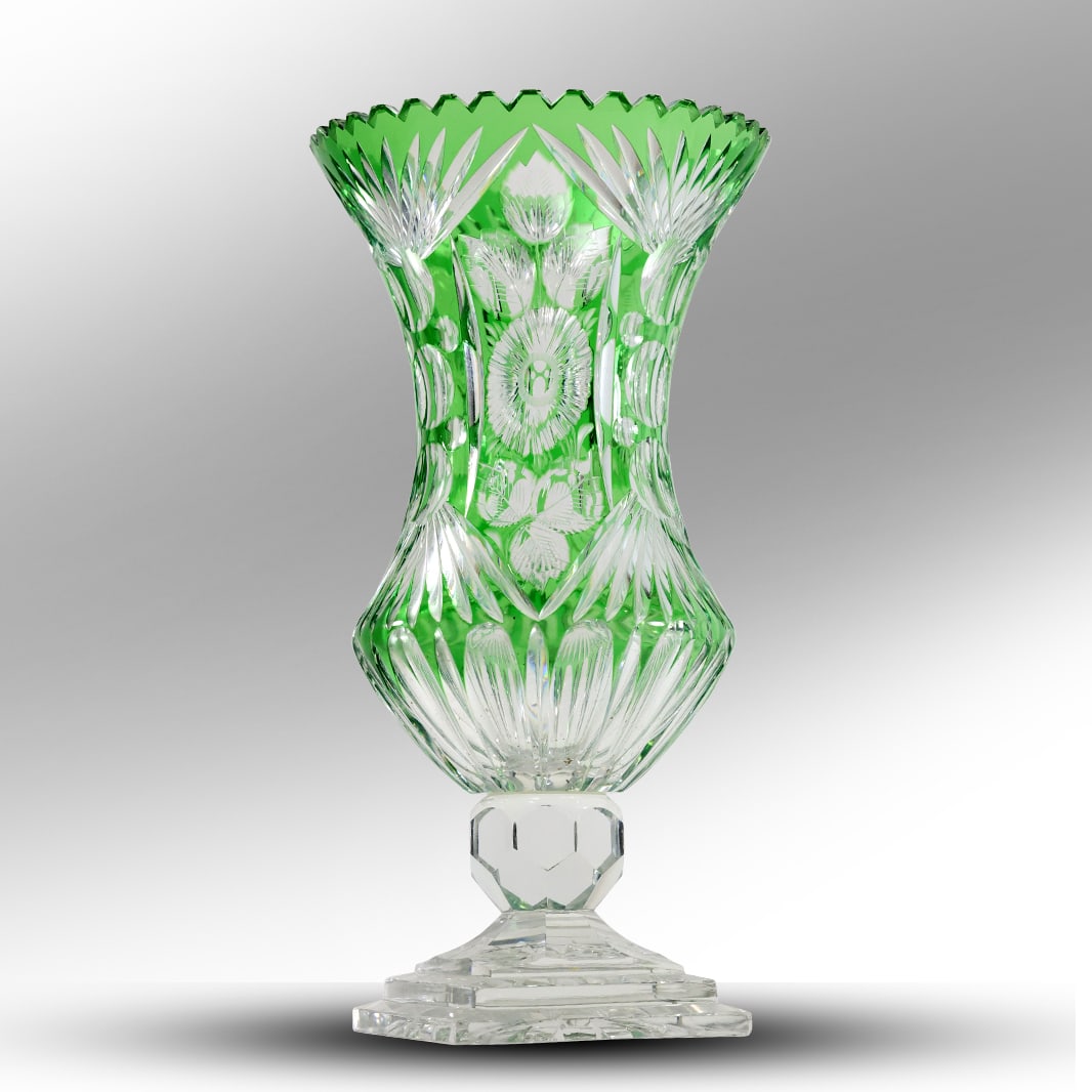 Bohemian Green Cut to Clear Elegant Crystal Glass Pedestal Vase,  14 in. height x 7 in. wide (1 of 20)