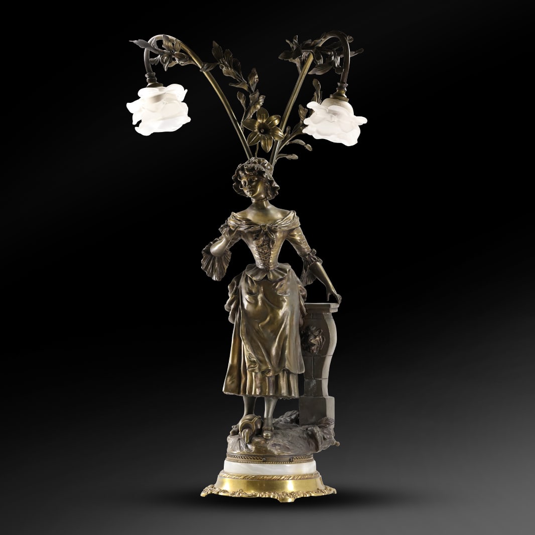 Signed Geo. Maxim (1895 - 1940) Cast Metal Spelter Art Nouveau Woman Newel Post Lamp 30 in. (1 of 20)