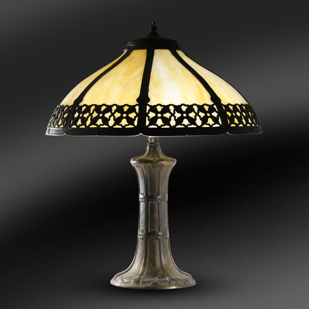 Quality Antique 8-Panel Curved Slag Glass Shade Table Lamp - All Original, 24 in. height, 20 in dia. (1 of 20)