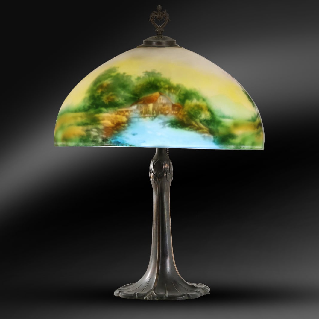 All Original Pittsburgh Reverse Painted Lamp Glass Shade Watermill Landscape, Good Patina (1 of 20)