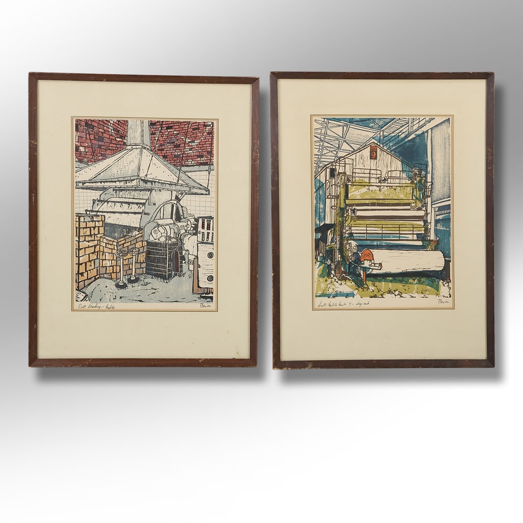 Signed Davies, 2 Color Woodblocks "Pulp Bleaching Mobile" & "Scott Mobile Number 9 - Dry End": Signed Davies, 2 Color Woodblocks "Pulp Bleaching Mobile" & "Scott Mobile Number 9 - Dry End". size: 12.5 x 9.25 image , outside of frame: ~ 20 x 15.5