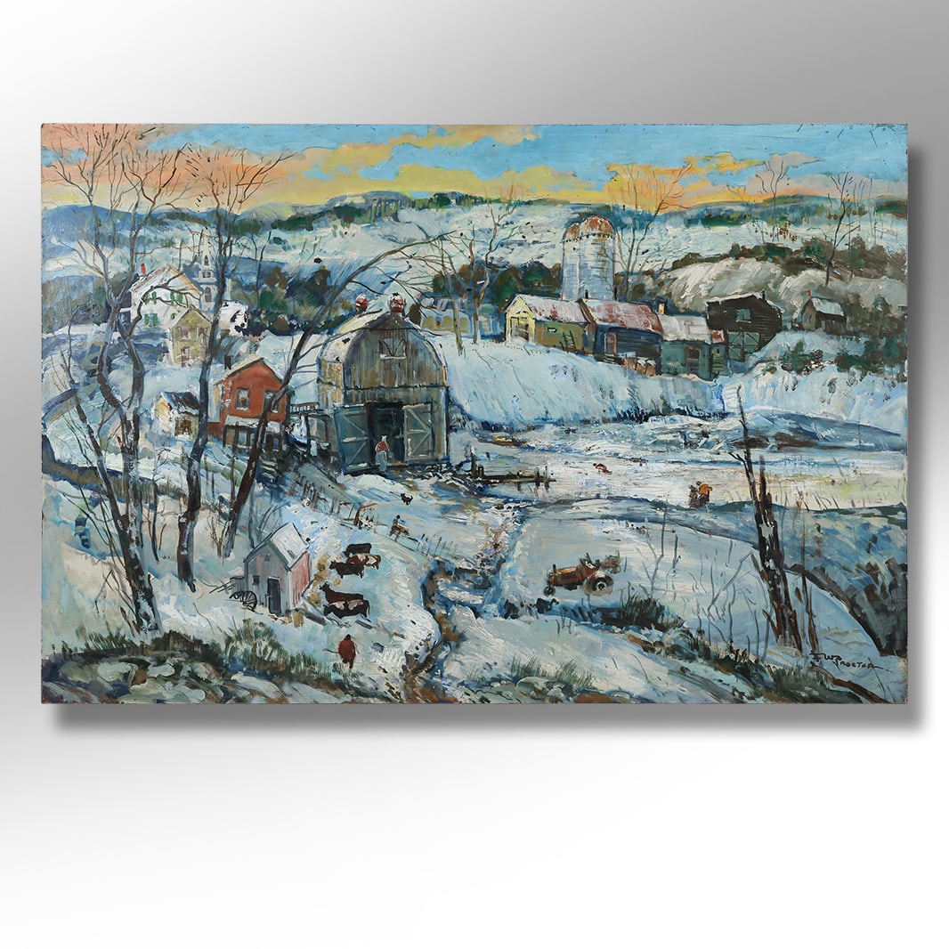 FW Proctor, Dover Plains NY Working Farm Scene in Winter, Oil Painting on Masonite, Signed: FW Proctor, Dover Plains NY Working Farm Scene in Winter, Oil Painting on Masonite, Signed. size: 23.5 x 35 ; ASKart: F W Proctor (20th Century) was active/lived in United States. F Proctor is known f